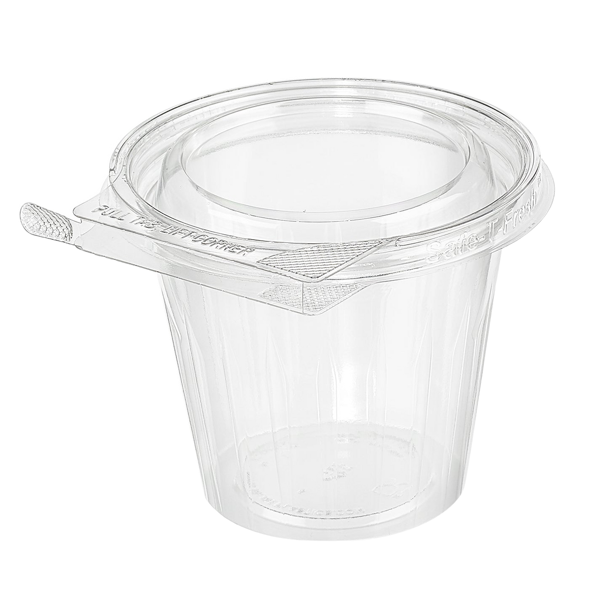 Inline Plastics Safe-T-Fresh TS12CCR 12 oz. round tamper-evident hinged container with flat lid, shown on a transparent background