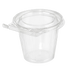 Inline Plastics Safe-T-Fresh TS12CCR 12 oz. round tamper-evident hinged container with flat lid, shown on a transparent background