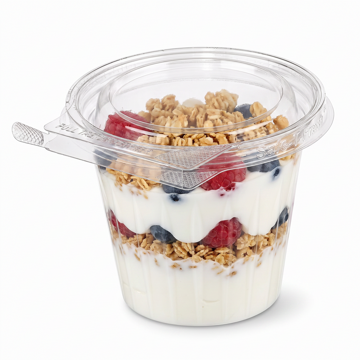 Inline Plastics Safe-T-Fresh TS12CCR 12 oz. round container filled with a layered yogurt parfait