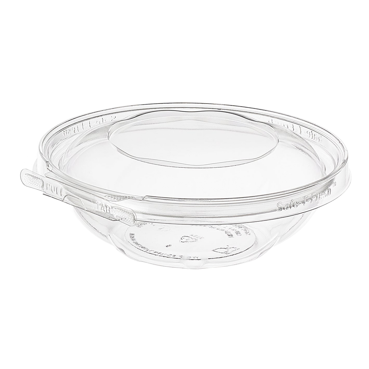 Inline Plastics Safe-T-Fresh TS18RN 18 oz. round tamper-evident hinged container with dome lid, shown on a transparent background