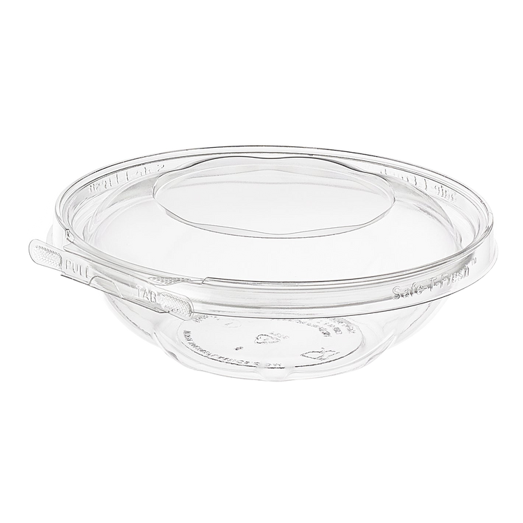 Inline Plastics Safe-T-Fresh TS18RN 18 oz. round tamper-evident hinged container with dome lid, shown on a transparent background