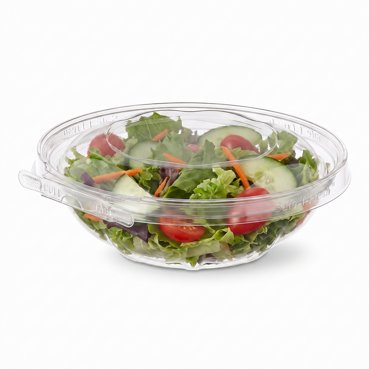 Inline Plastics Safe-T-Fresh TS18RN 18 oz. round dome-lid container filled with a fresh garden salad