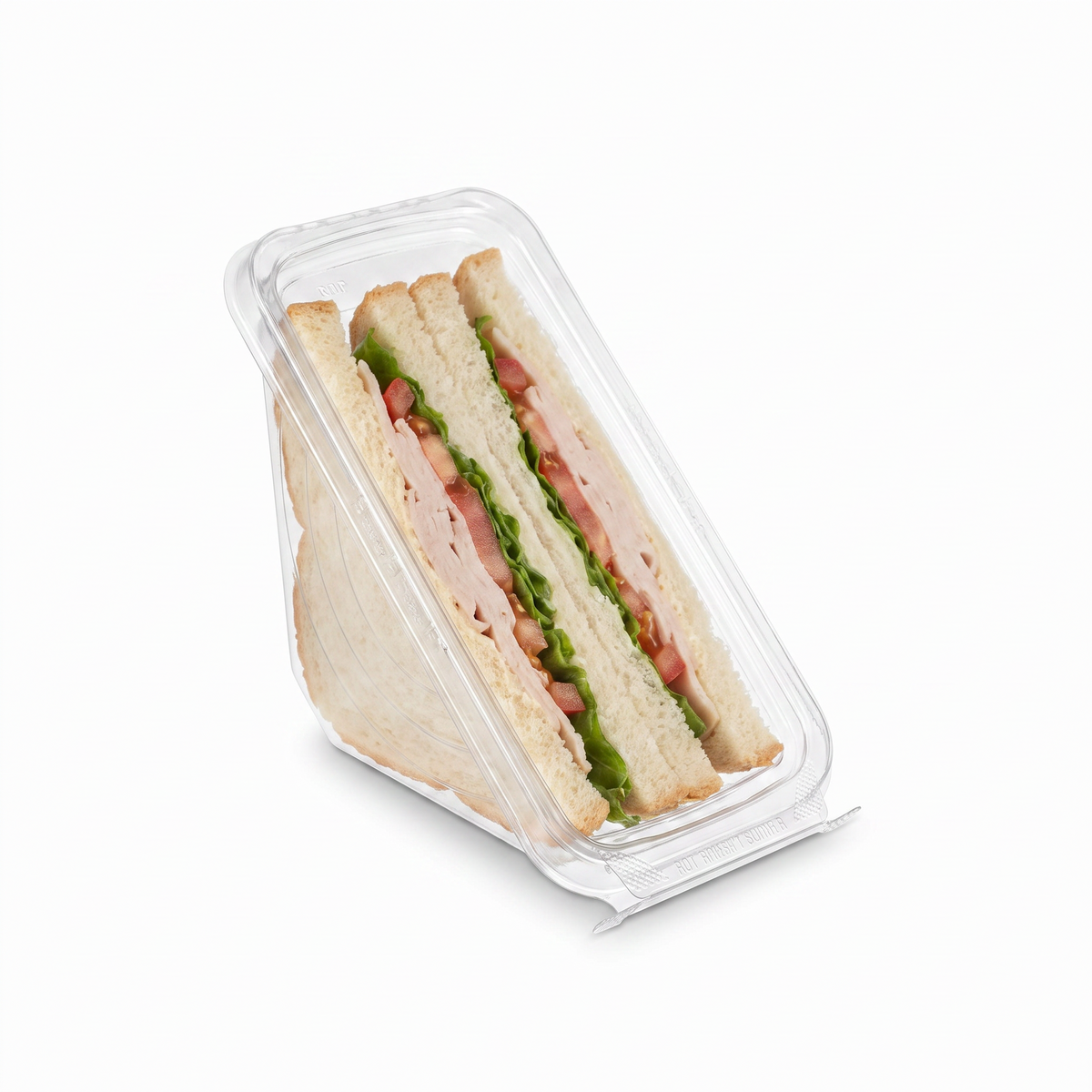 Inline Plastics Safe-T-Fresh TS1SW sandwich wedge container holding two halves of a turkey sandwich