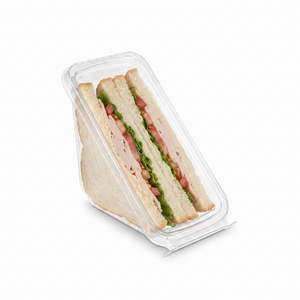 Inline Plastics Safe-T-Fresh TS1SW sandwich wedge container holding two halves of a turkey sandwich