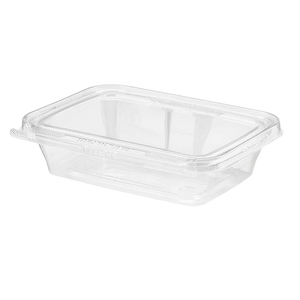 Inline Plastics Safe-T-Fresh TS20 20 oz. rectangular tamper-evident hinged container with flat lid, shown on a transparent background