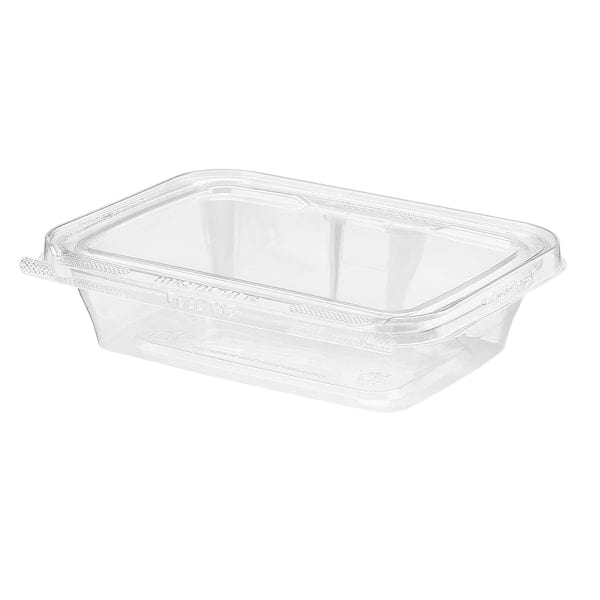 Inline Plastics Safe-T-Fresh TS20 20 oz. rectangular tamper-evident hinged container with flat lid, shown on a transparent background