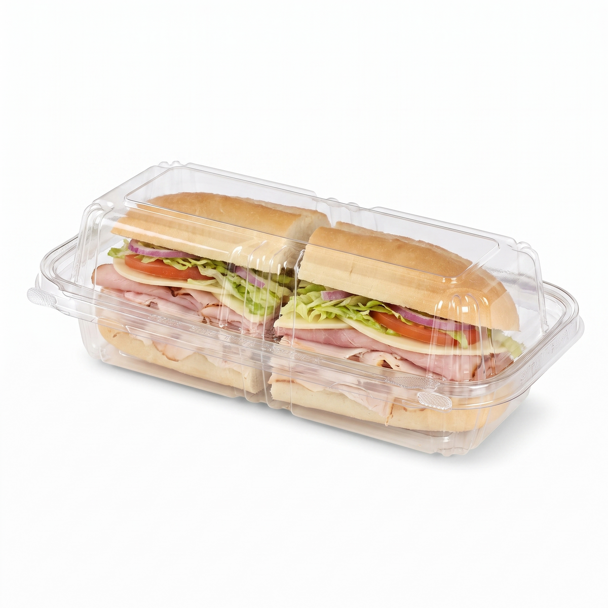 Inline Plastics Safe-T-Fresh TS202 40 oz. dome-lid container holding a cold deli hoagie sub sandwich
