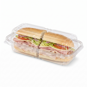 Inline Plastics Safe-T-Fresh TS202 40 oz. dome-lid container holding a cold deli hoagie sub sandwich