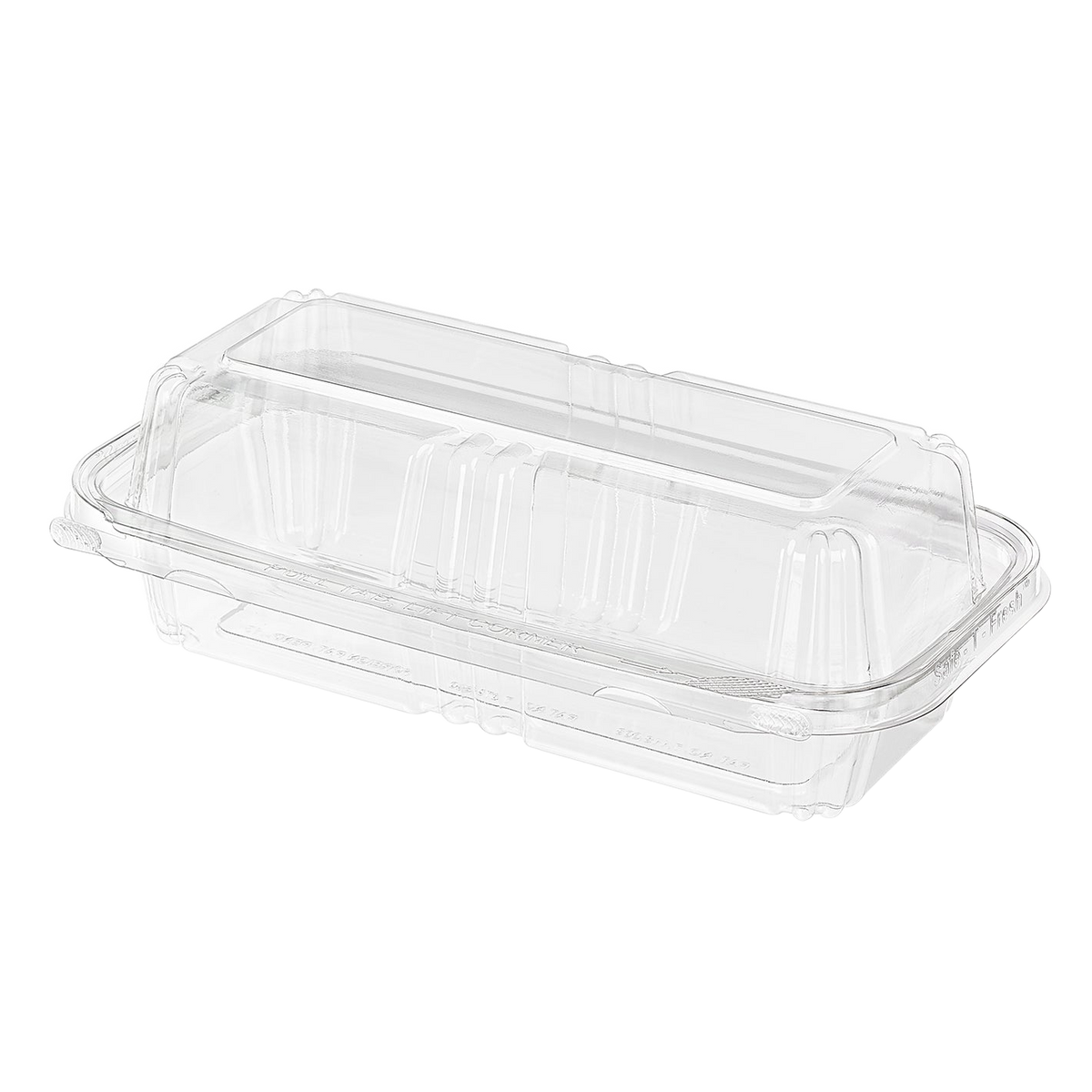 Inline Plastics Safe-T-Fresh TS202 40 oz. rectangular tamper-evident hinged container with dome lid, shown on a transparent background