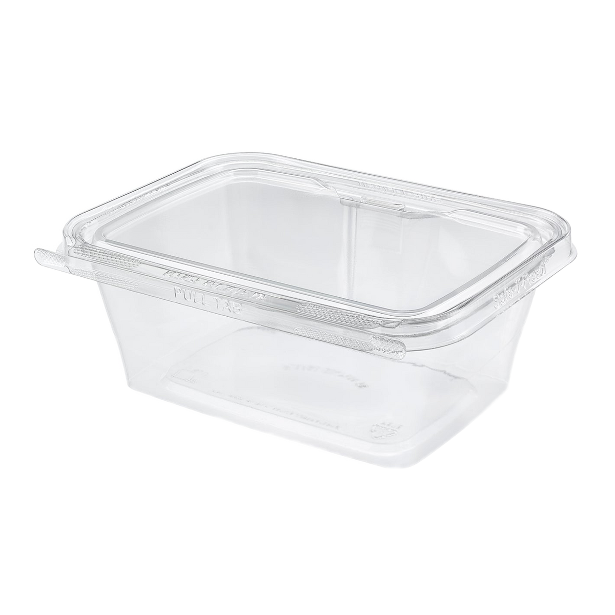 Inline Plastics Safe-T-Fresh TS32 32 oz. rectangular tamper-evident hinged container with flat lid, shown on a transparent background