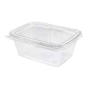 Inline Plastics Safe-T-Fresh TS32 32 oz. rectangular tamper-evident hinged container with flat lid, shown on a transparent background