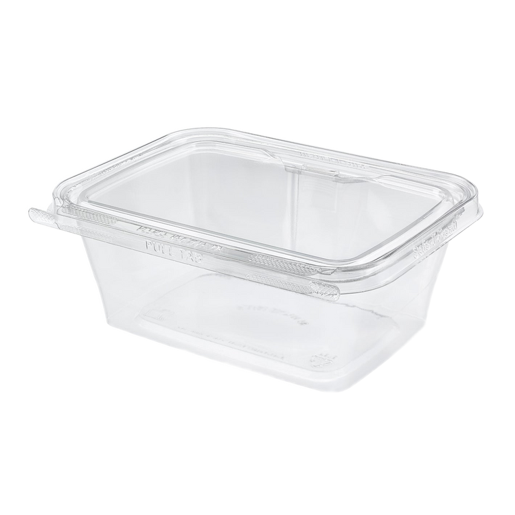Inline Plastics Safe-T-Fresh TS32 32 oz. rectangular tamper-evident hinged container with flat lid, shown on a transparent background