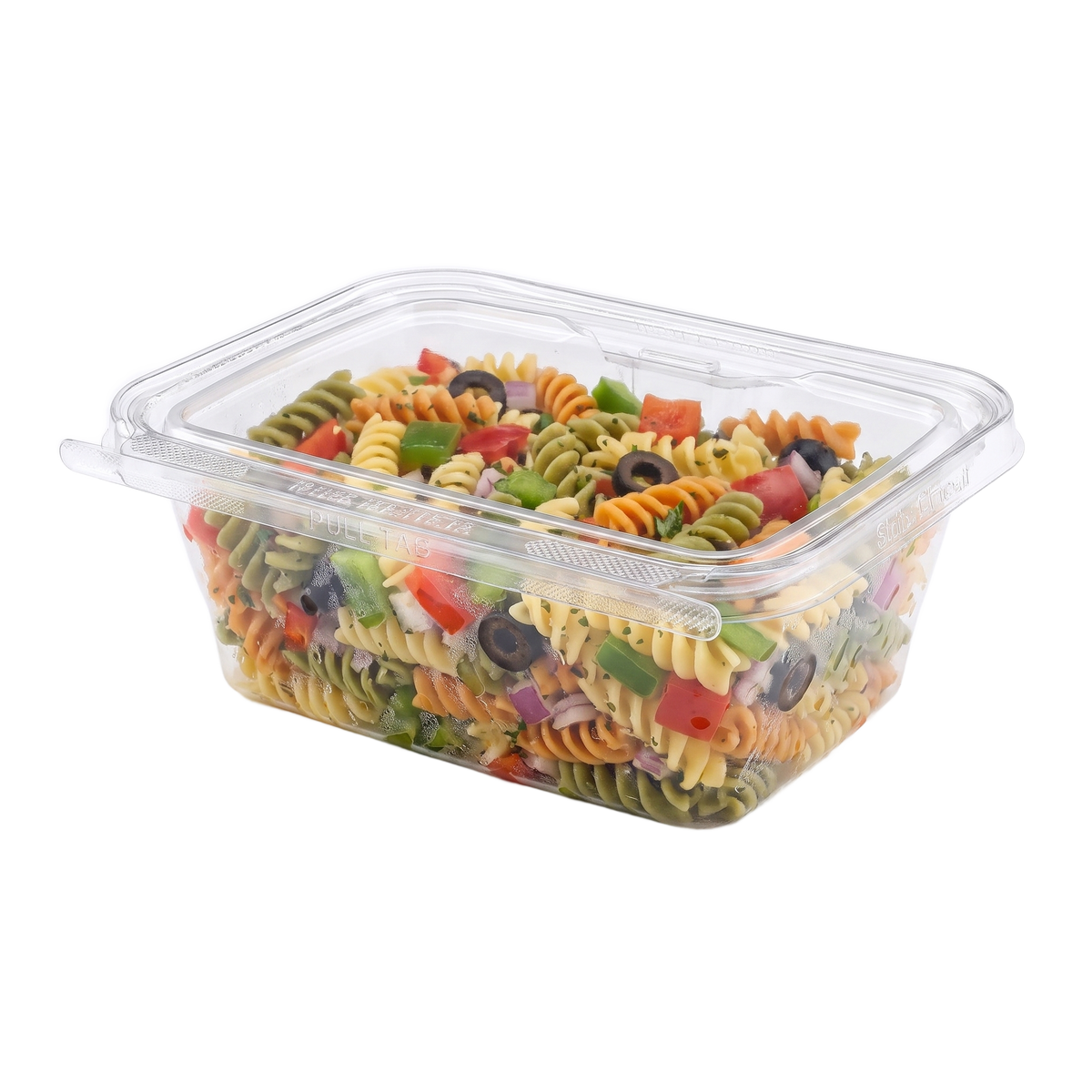 Inline Plastics Safe-T-Fresh TS32 32 oz. container filled with cold tri-color pasta salad