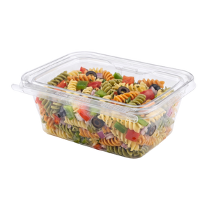 Inline Plastics Safe-T-Fresh TS32 32 oz. container filled with cold tri-color pasta salad