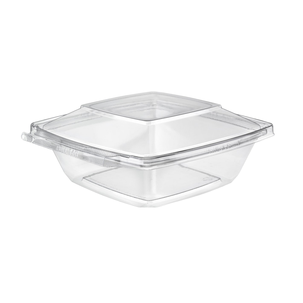 Inline Plastics Safe-T-Fresh TS32PW 32 oz. square tamper-evident hinged container with dome lid, shown on a transparent background