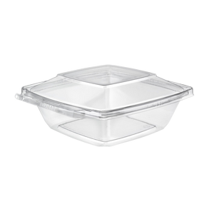 Inline Plastics Safe-T-Fresh TS32PW 32 oz. square tamper-evident hinged container with dome lid, shown on a transparent background
