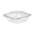 Inline Plastics Safe-T-Fresh TS32PW 32 oz. square tamper-evident hinged container with dome lid, shown on a transparent background