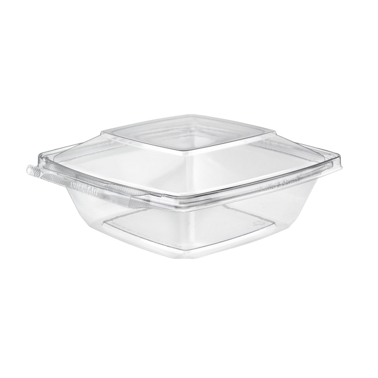 Inline Plastics Safe-T-Fresh TS32PW 32 oz. square tamper-evident hinged container with dome lid, shown on a transparent background
