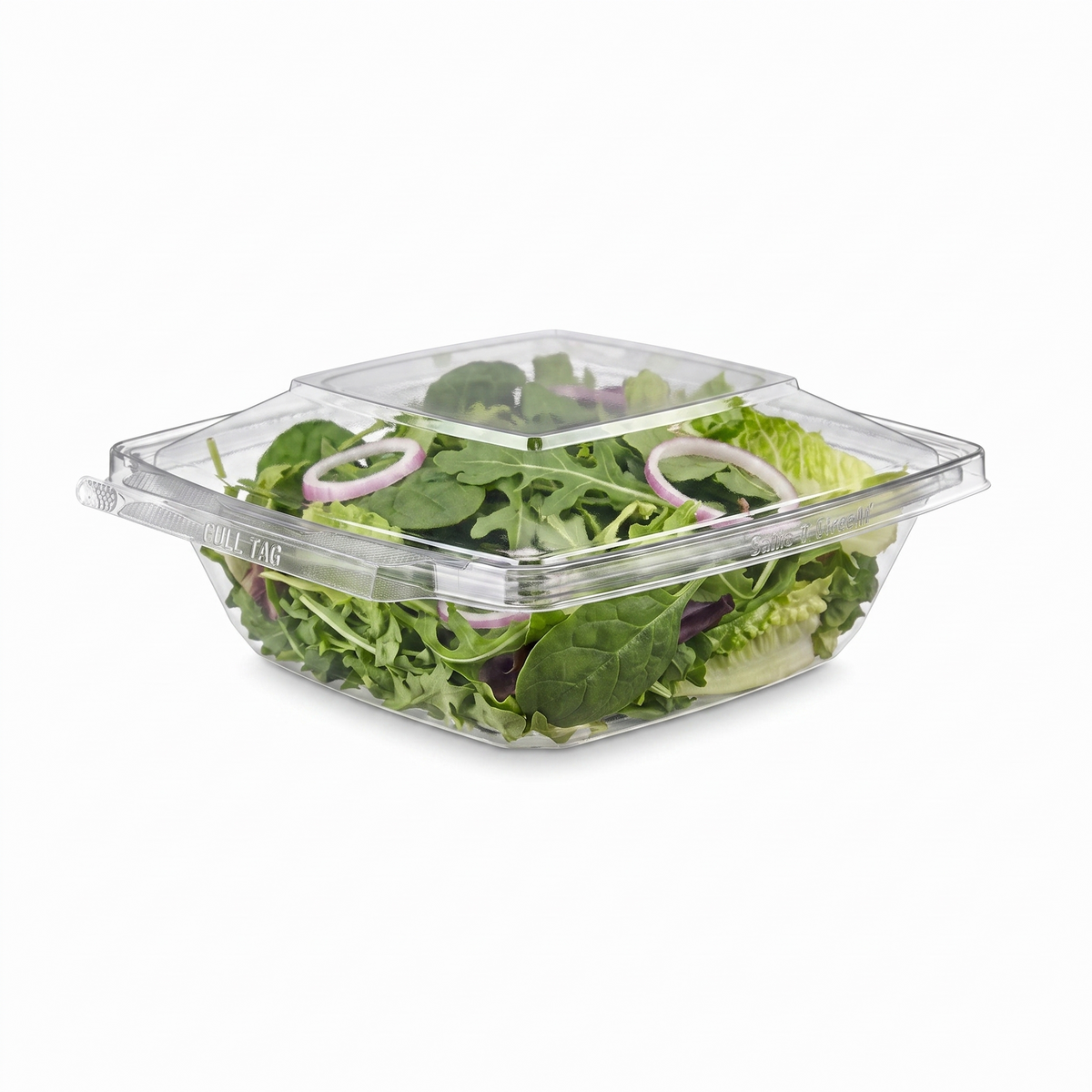 Inline Plastics Safe-T-Fresh TS32PW 32 oz. square dome-lid container filled with mixed salad greens