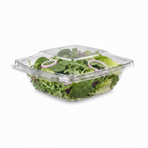 Inline Plastics Safe-T-Fresh TS32PW 32 oz. square dome-lid container filled with mixed salad greens