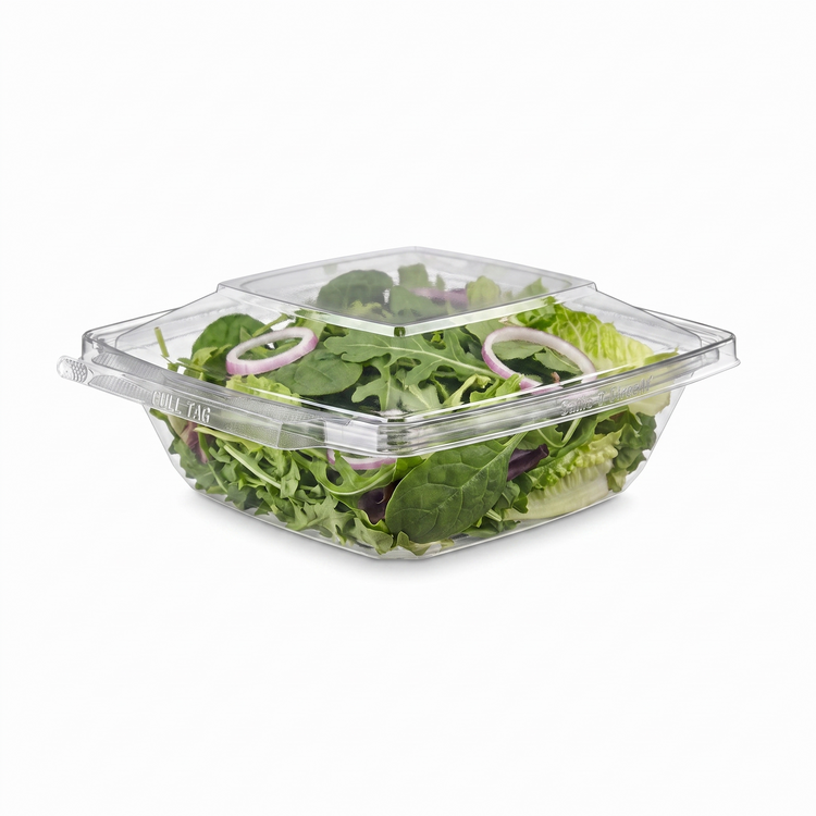 Inline Plastics Safe-T-Fresh TS32PW 32 oz. square dome-lid container filled with mixed salad greens