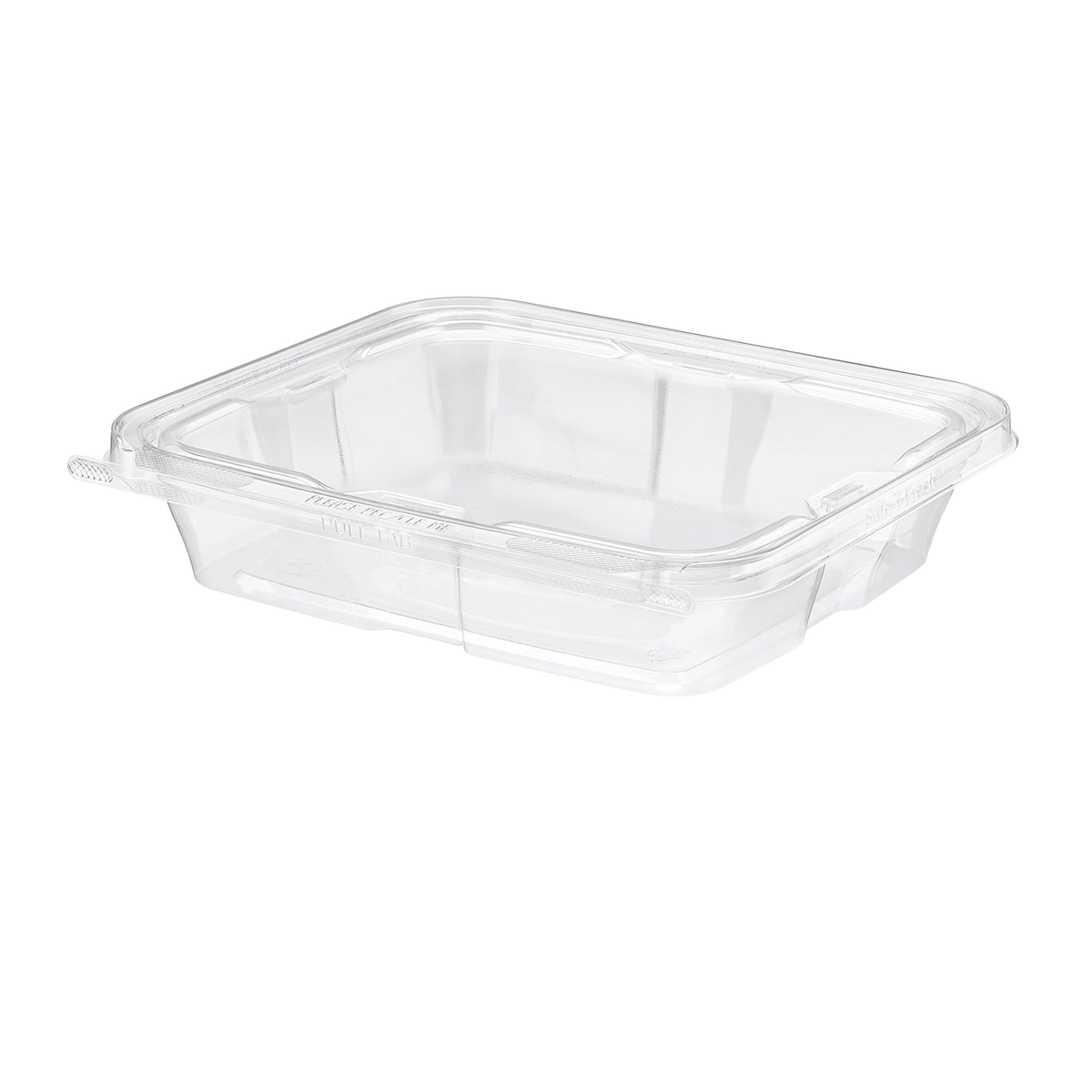 Inline Plastics Safe-T-Fresh TS35 35 oz. rectangular tamper-evident hinged container with flat lid, shown on a transparent background