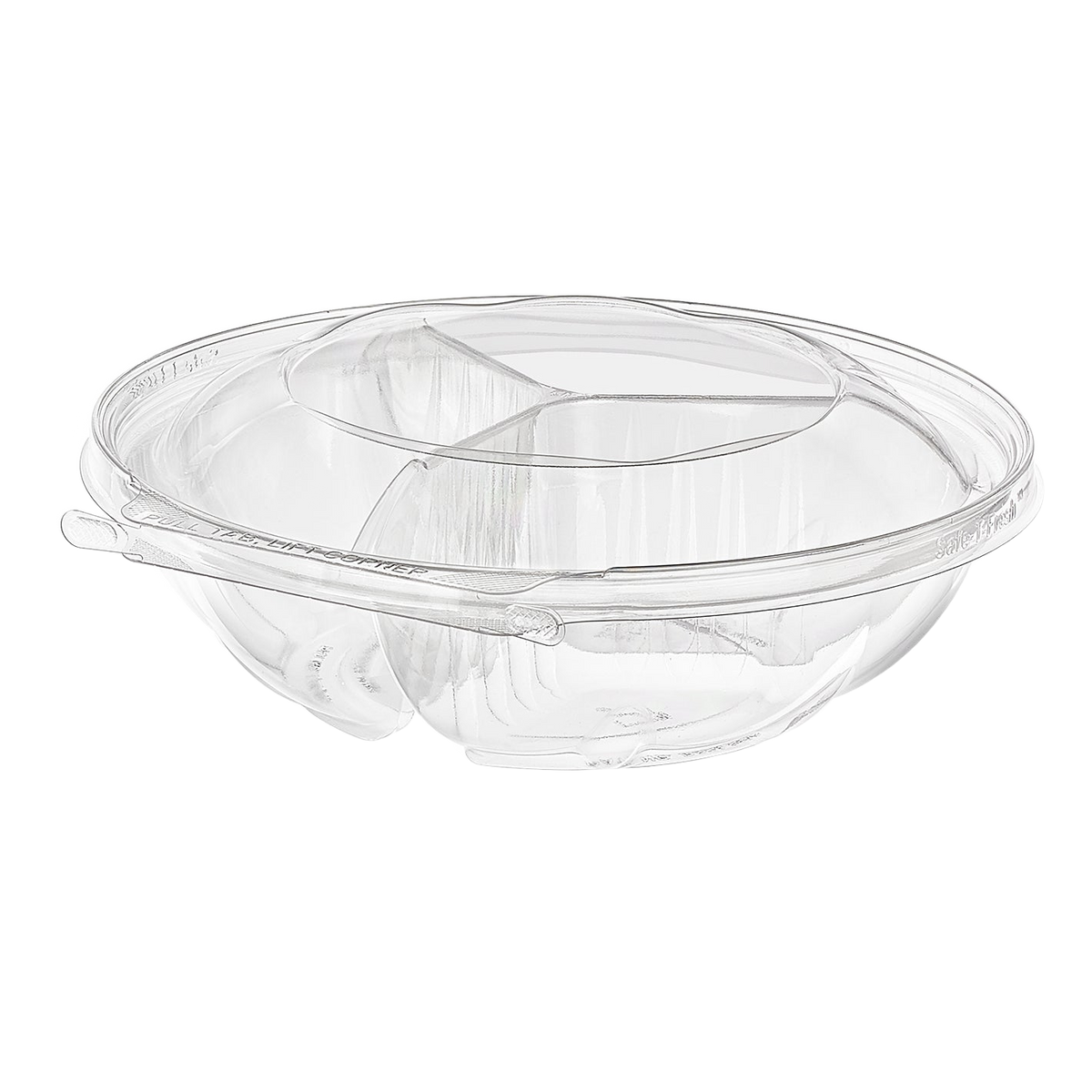 Inline Plastics Safe-T-Fresh TS52R3N 52 oz. round 3-compartment tamper-evident hinged container with dome lid, shown on a transparent background