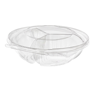 Inline Plastics Safe-T-Fresh TS52R3N 52 oz. round 3-compartment tamper-evident hinged container with dome lid, shown on a transparent background