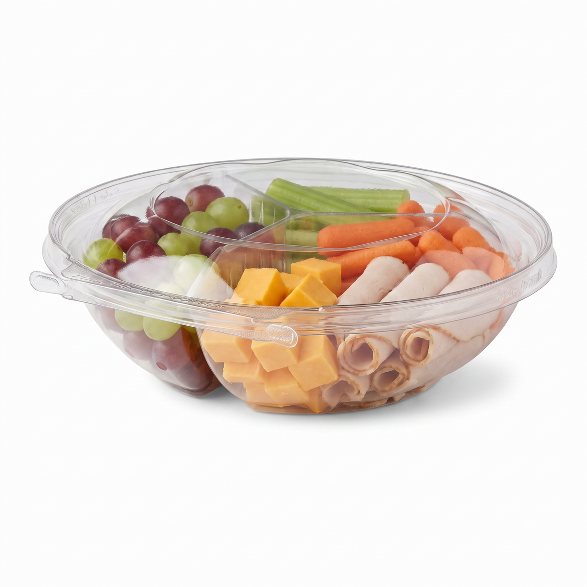 Inline Plastics Safe-T-Fresh TS52R3N 52 oz. 3-compartment container holding a cold snack tray of cheese, deli turkey, grapes and crudites