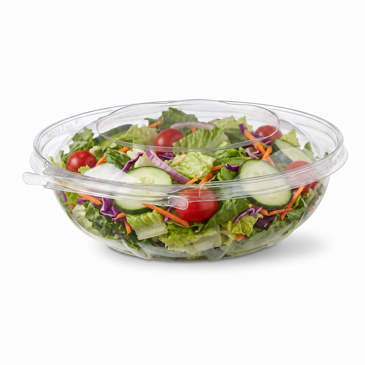 Inline Plastics Safe-T-Fresh TS64RN 64 oz. dome-lid container filled with a large cold chopped salad