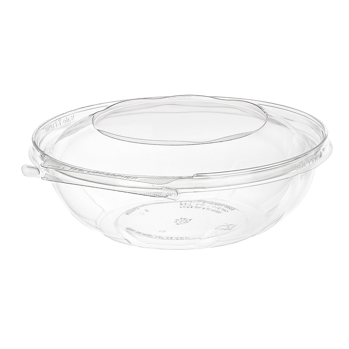 Inline Plastics Safe-T-Fresh TS64RN 64 oz. round tamper-evident hinged container with dome lid, shown on a transparent background