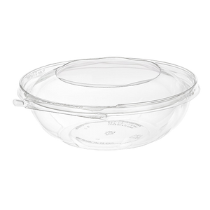 Inline Plastics Safe-T-Fresh TS64RN 64 oz. round tamper-evident hinged container with dome lid, shown on a transparent background