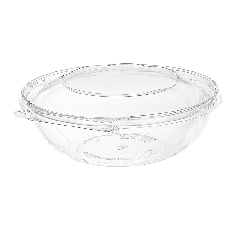 Inline Plastics Safe-T-Fresh TS64RN 64 oz. round tamper-evident hinged container with dome lid, shown on a transparent background