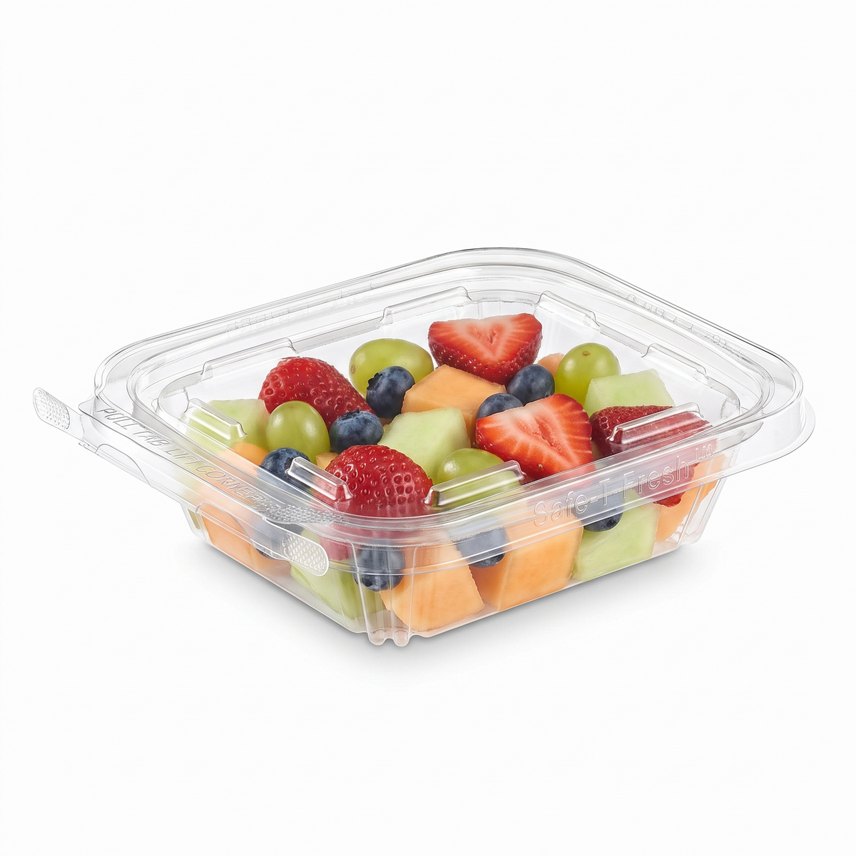 Inline Plastics Safe-T-Fresh TS8 8 oz. clamshell container filled with fresh cut fruit, shown closed on a white background