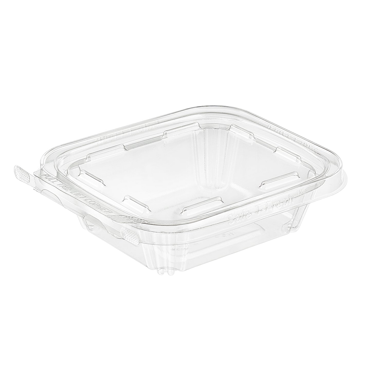 Inline Plastics Safe-T-Fresh TS8 8 oz. rectangular tamper-evident hinged clamshell container with flat lid, shown on a transparent background