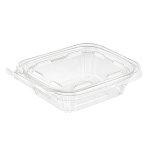 Inline Plastics Safe-T-Fresh TS8 8 oz. rectangular tamper-evident hinged clamshell container with flat lid, shown on a transparent background