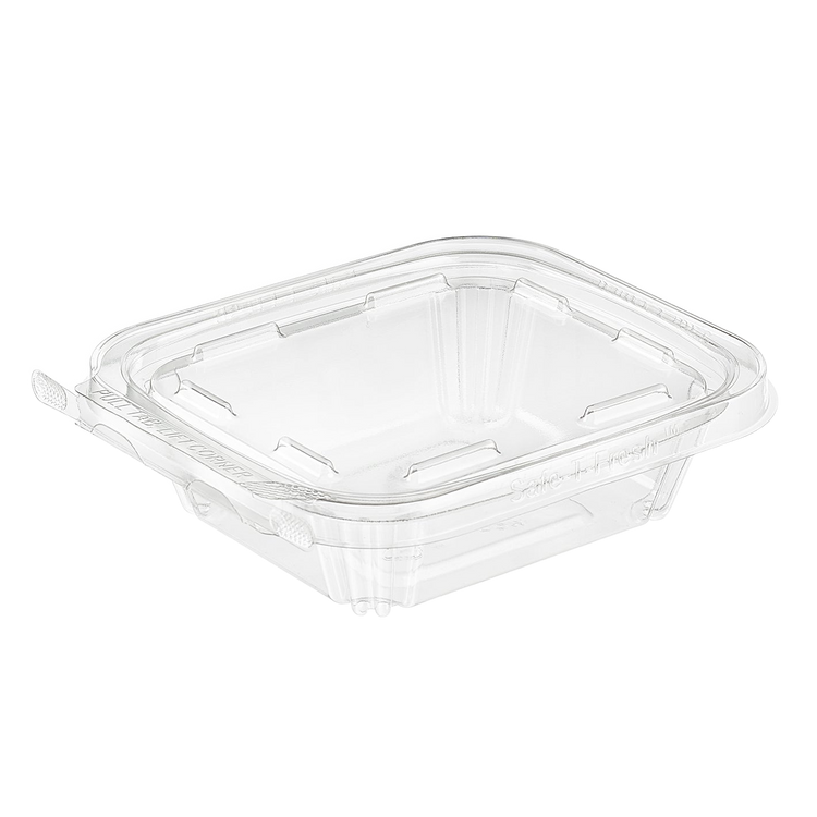 Inline Plastics Safe-T-Fresh TS8 8 oz. rectangular tamper-evident hinged clamshell container with flat lid, shown on a transparent background