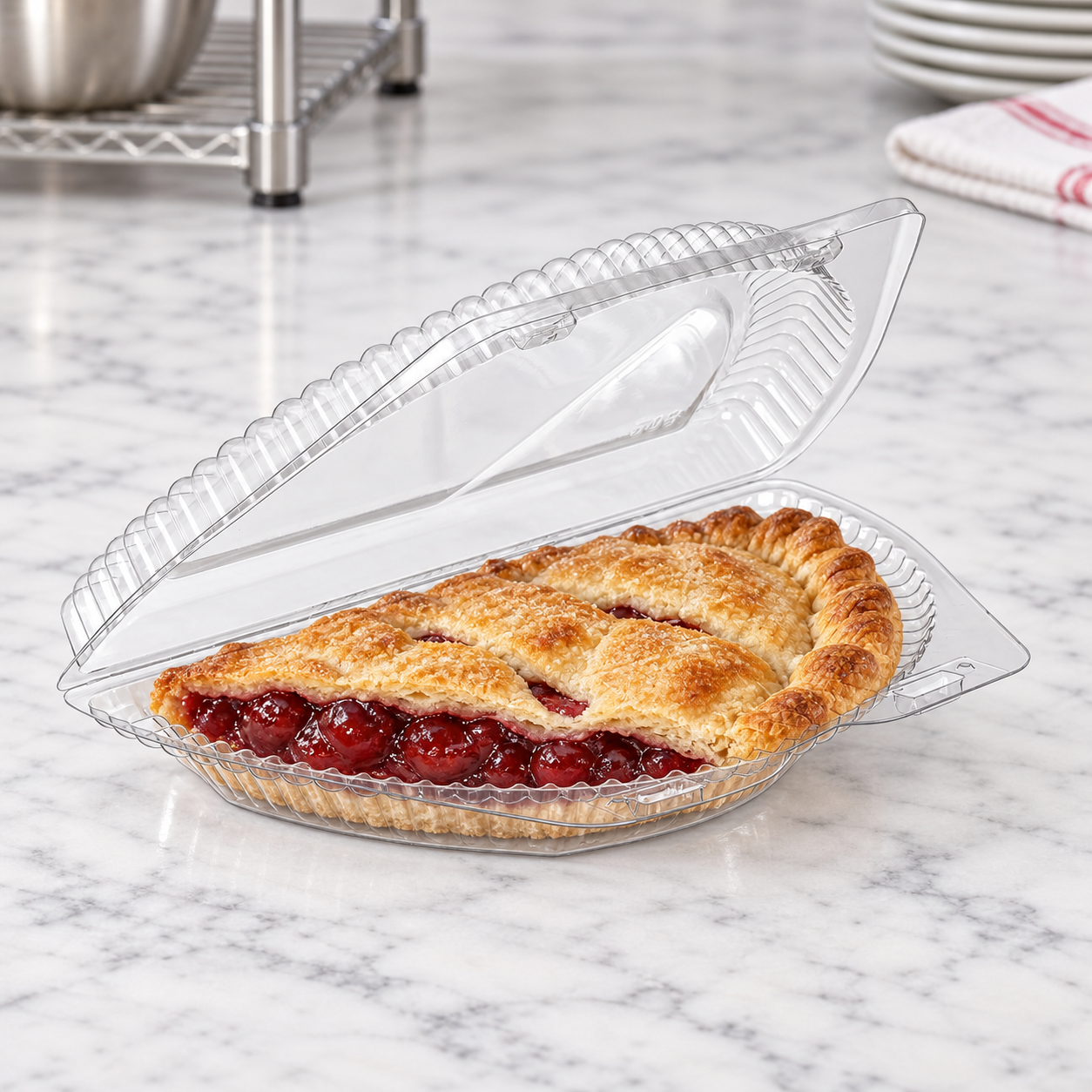 Inline Plastics SLP208 clear half-pie wedge container holding a baked cherry pie