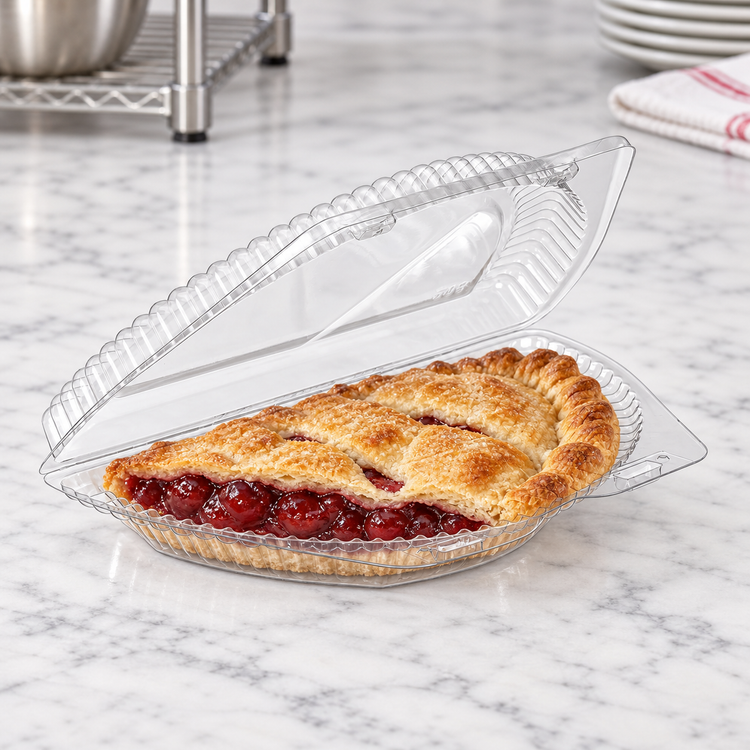 Inline Plastics SLP208 clear half-pie wedge container holding a baked cherry pie
