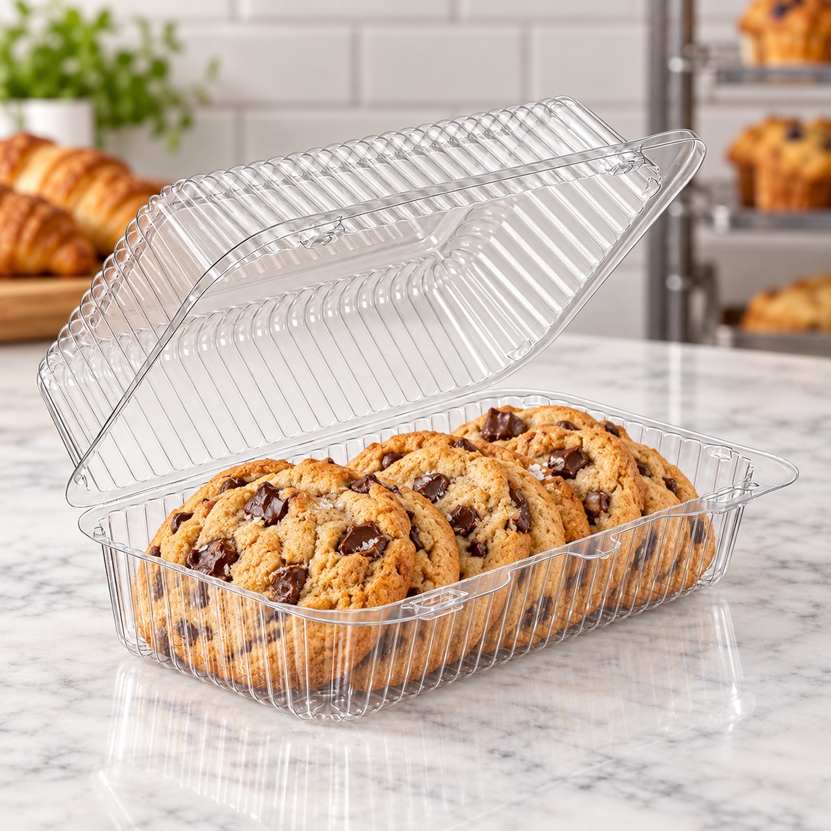 Inline Plastics SLP35 clear hinged container holding cookies in a bakery setting