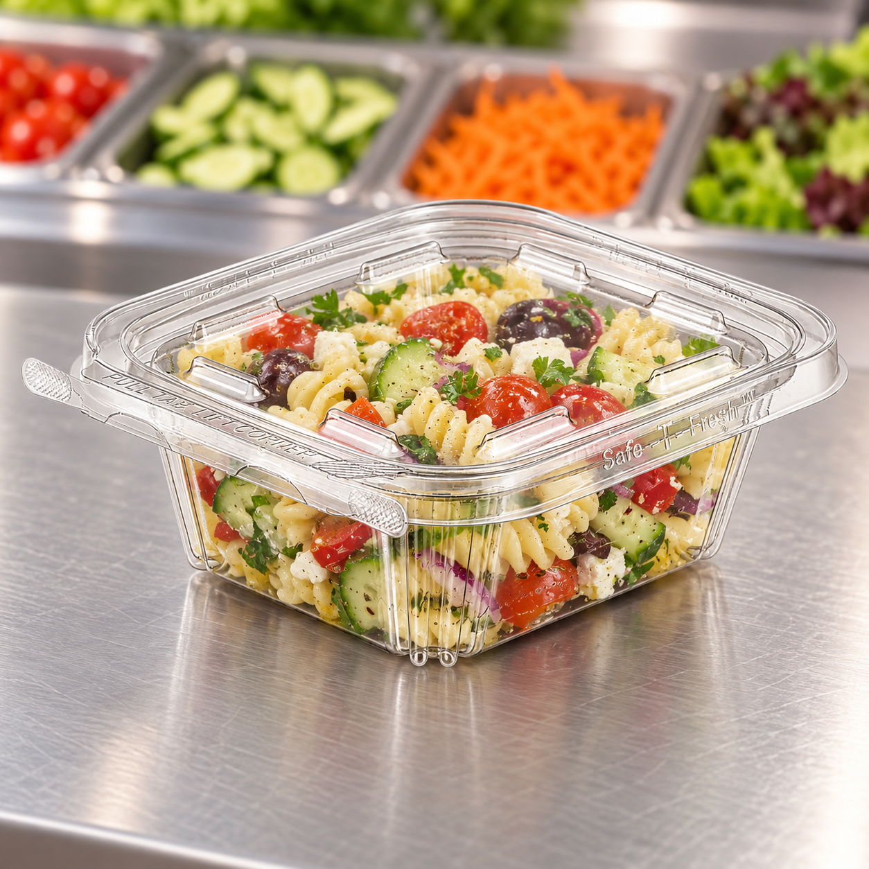 Inline Plastics TS12 clear container filled with pasta salad in a foodservice setting