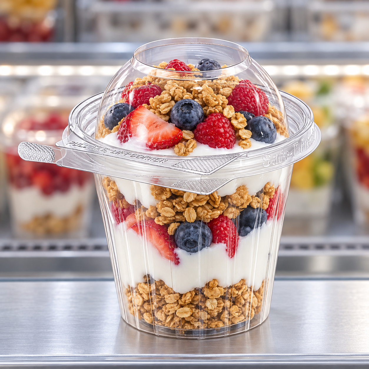 Inline Plastics TS12CCRD clear 12 oz tamper-evident container holding a berry yogurt parfait