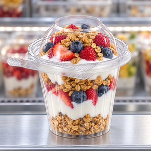 Inline Plastics TS12CCRD clear 12 oz tamper-evident container holding a berry yogurt parfait