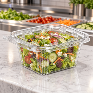 Inline Plastics TS16 clear container filled with fresh salad in a foodservice setting