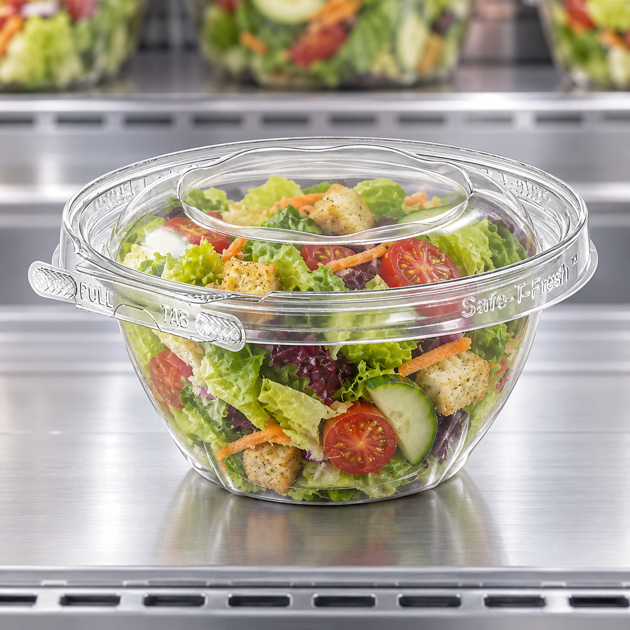 Inline Plastics TS16RN clear 16 oz round tamper-evident container holding a garden salad