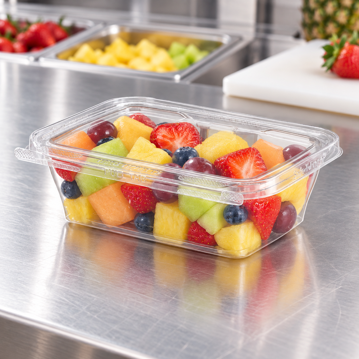 Inline Plastics TS24 clear rectangular clamshell filled with fresh fruit in a deli setting