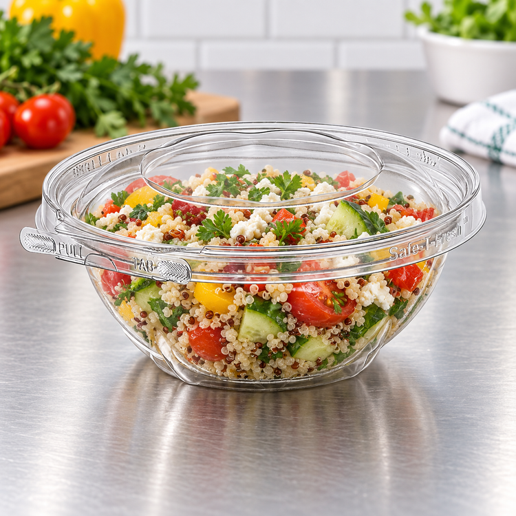 Inline Plastics TS24RN clear microvented bowl filled with grain salad in a foodservice setting