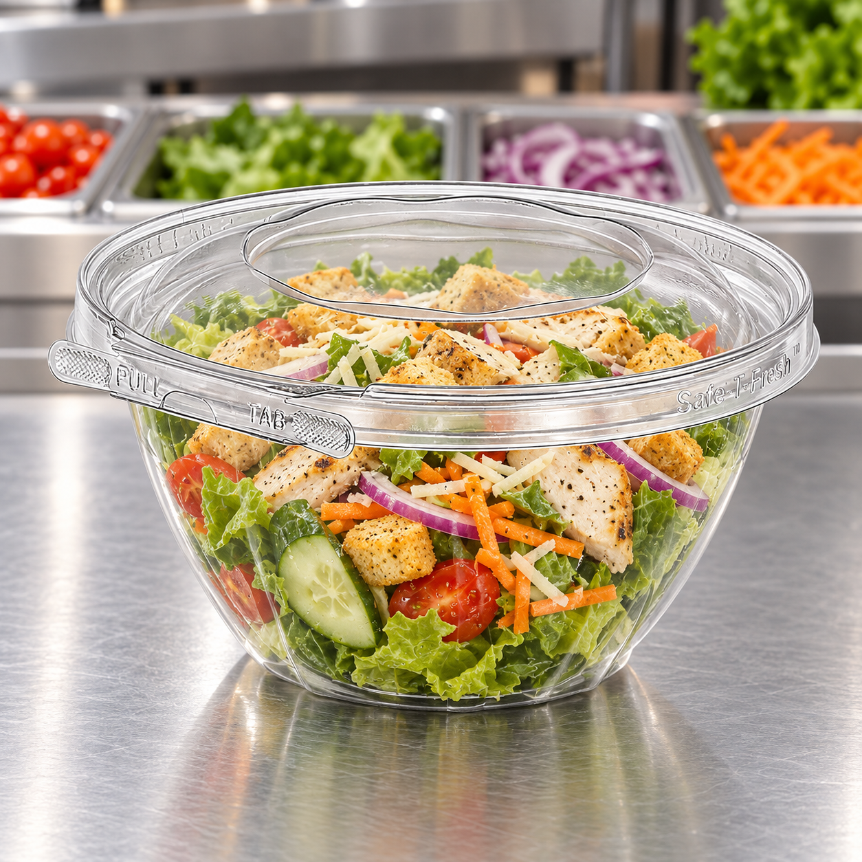 Inline Plastics TS32RN clear microvented bowl filled with entrée salad in a foodservice setting