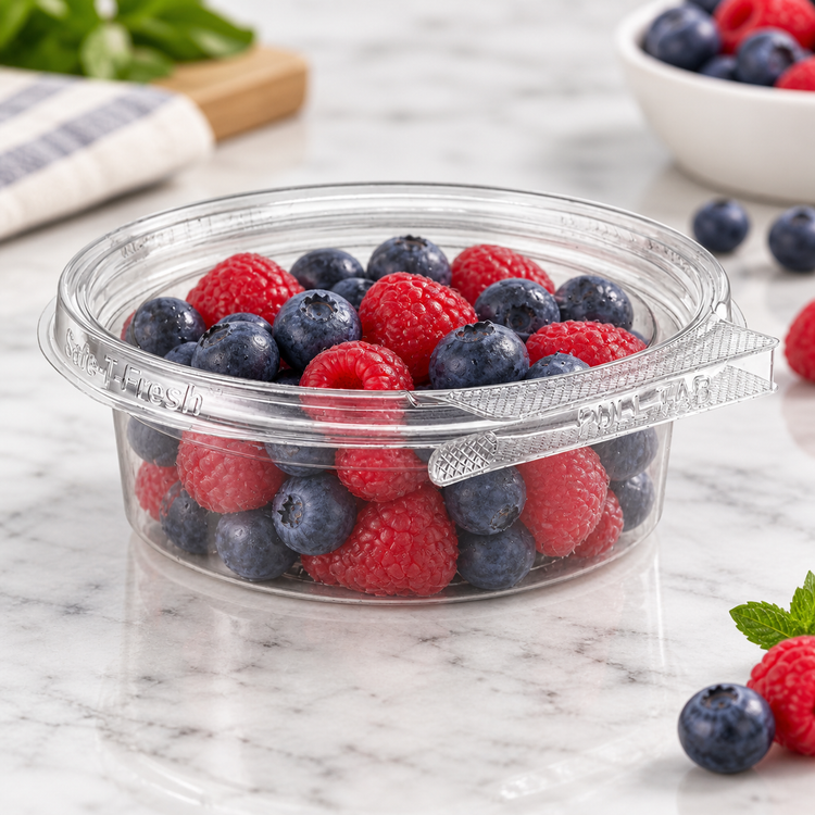 Inline Plastics TS4008R clear 8 oz round tamper-evident container holding fresh berries