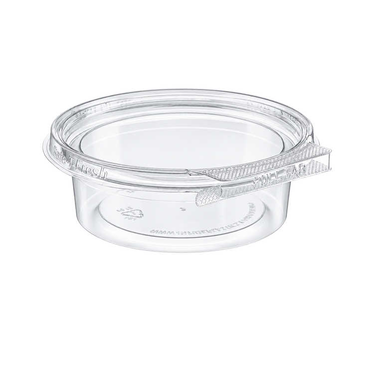 Empty Inline Plastics TS4008R clear 8 oz round tamper-evident container, full product view